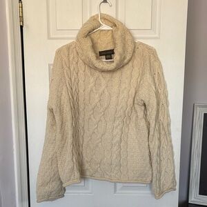 Inis Craft 100% Wool Women's Beige Cable Knit Turtleneck Sweater